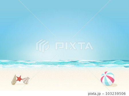 青空が広がる夏の海と砂浜の背景イラスト(貝殻とビーチボール) 青空が広がる夏の海と砂浜の背景イラスト(貝殻とビーチボール) 103239506