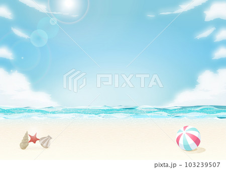 太陽が眩しい夏の海の背景イラスト（貝殻とビーチボールと入道雲） 103239507
