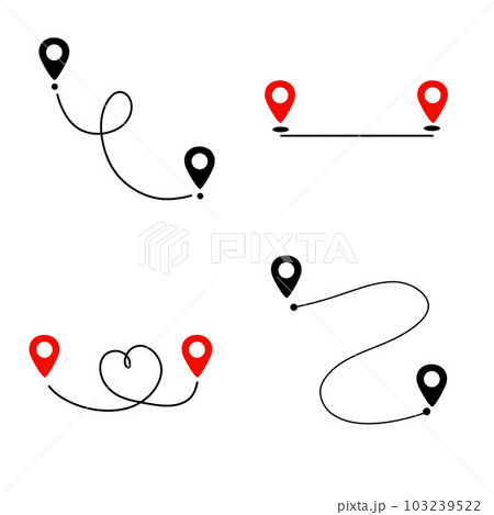 Black route tracking icon. Simple 2 pins path. Searching global mobile GPS navigation. Set of Line distance illustration isolated on white 103239522