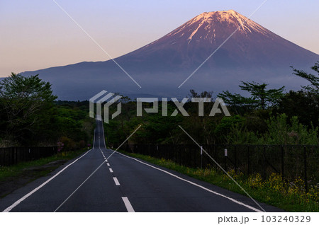 静岡県・どこまでも続く道と夕暮れの富士山 静岡県・どこまでも続く道と夕暮れの富士山 103240329