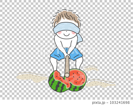 用西瓜劈刀劈西瓜的男孩插畫 103241698