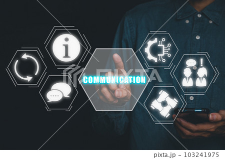 Communication concept, Person using smart phone and hand touching communication icon on virtual screen. 103241975