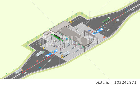 アイソメトリック図法で描いた高速道路の料金所のイメージ(緑地) アイソメトリック図法で描いた高速道路の料金所のイメージ(緑地) 103242871