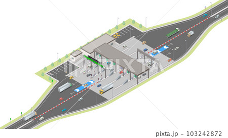 アイソメトリック図法で描いた高速道路の料金所のイメージ（無地） 103242872