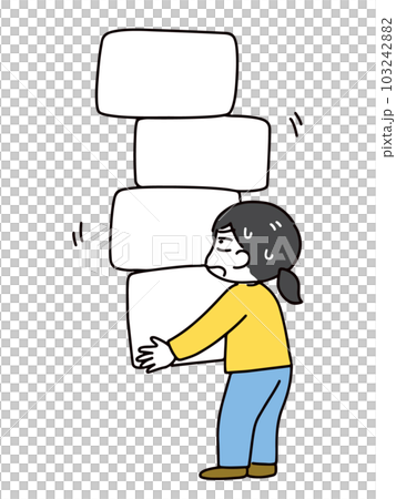 A young woman in casual clothes with a troubled expression, carrying a lot of luggage (full body). A young woman in casual clothes with a troubled expression, carrying a lot of luggage (full body). 103242882