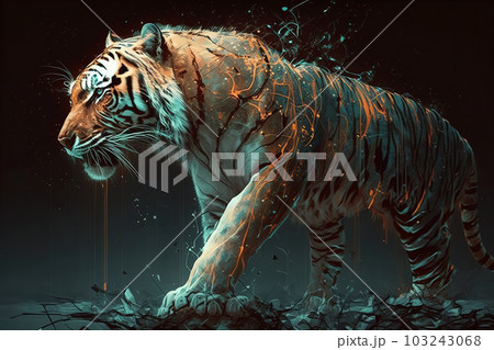 Image of a tiger with beautiful colors on a dark background. Wildlife Animals. Illustration, generative AI. Image of a tiger with beautiful colors on a dark background. Wildlife Animals. Illustration, generative AI. 103243068