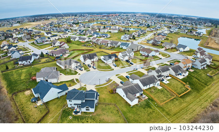 Drone aerial of Midwest American suburban neighborhood houses with ponds and housing addition and cul-de-sac 103244230