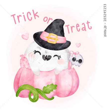 Cute kawaii pink ghost beauty hallooween in pink pumpkin happy smile cartoon character bootiful watercolour hand painted vector greeting card Cute kawaii pink ghost beauty hallooween in pink pumpkin happy smile cartoon character bootiful watercolour hand painted vector greeting card 103245153