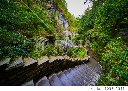 View looking down stone step trail in woods leading to bridge in New York 103245351