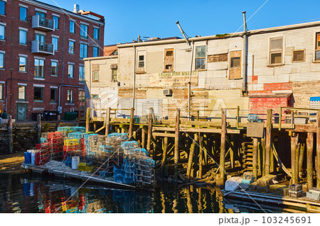 Portland port for fishing fresh seafood with containers for lobsters 103245691