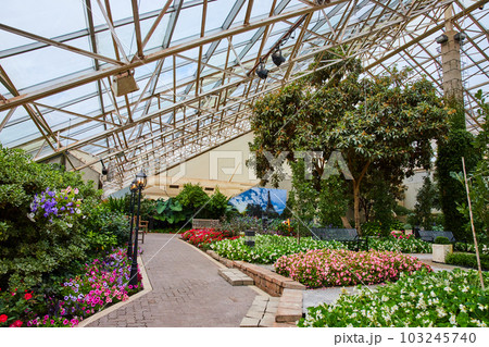 Walking paths inside of large botanical gardens with glass ceiling French theme with Eiffel Tower art 103245740