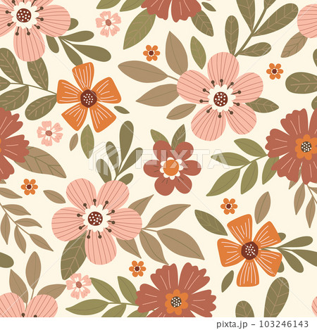 Elegant seamless floral pattern with fall flowers. Repeatable botanical background. Flat vector illustration Elegant seamless floral pattern with fall flowers. Repeatable botanical background. Flat vector illustration 103246143