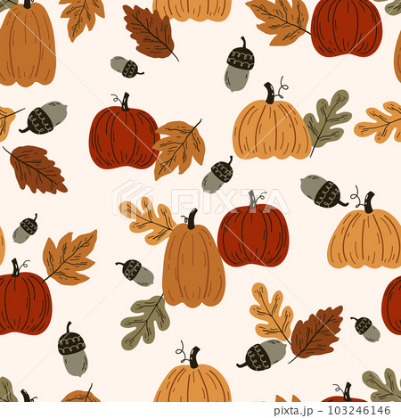 Seamless autumn pattern with pumpkins and leaves. Endless repeatable autumn harvest texture. Seamless autumn pattern with pumpkins and leaves. Endless repeatable autumn harvest texture. 103246146