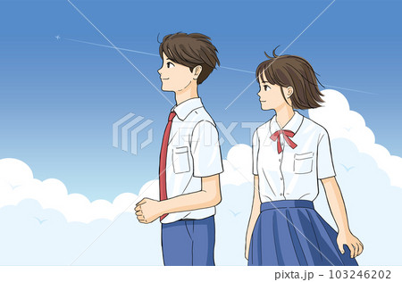 夏服の男女の生徒　入道雲の背景 103246202
