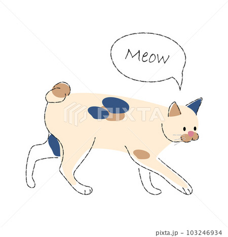 Tricolor cat is walking . Cute cartoon characters . Flat shape and line stroke design . Vector illustration . 103246934