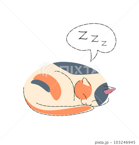 Tricolor cat is sleeping . Cute cartoon characters . Flat shape and line stroke design . Vector illustration . 103246945