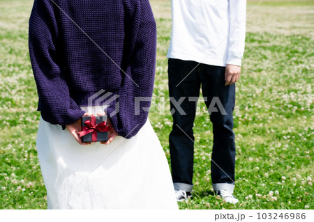男性へのプレゼントを後ろ手に持つ女性 103246986