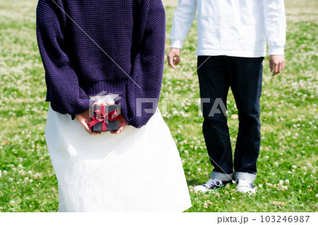 男性へのプレゼントを後ろ手に持つ女性 103246987