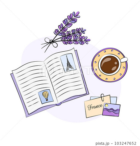 Vacation memories Vector illustration. Nostalgia for trip to France. Nostalgic diary or book, cup of coffee, photo of lavender fields and Eiffel Tower. French design with provence vibes 103247652