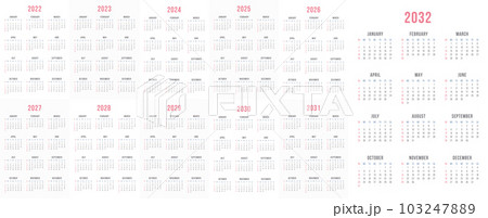 Classic 2024-2032 Calendar Designs. Modern Vector Templates for Desk, Wall & One-Page Layouts. English Calendar with Sunday Start, Quarterly & Annual Views. Graphic Business Planner. 103247889