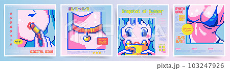 Pixel Art Retro Love Cards. Cute Japanese - Stock Illustration