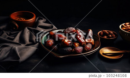 Dates nuts metal dish, dark background, close-up, selective focus. National holidays Ramadan Kareem, Mubarak, Eid-al-adha Dates nuts metal dish, dark background, close-up, selective focus. National holidays Ramadan Kareem, Mubarak, Eid-al-adha 103248108