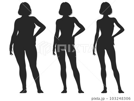 痩せ過ぎ 太り過ぎ 中肉中背の3人の女性のシルエットのイラストセット 痩せ過ぎ 太り過ぎ 中肉中背の3人の女性のシルエットのイラストセット 103248306