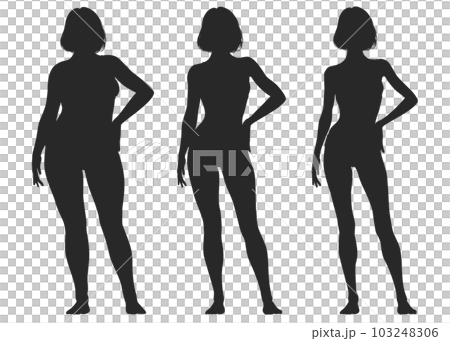 痩せ過ぎ 太り過ぎ 中肉中背の3人の女性のシルエットのイラストセット 痩せ過ぎ 太り過ぎ 中肉中背の3人の女性のシルエットのイラストセット 103248306