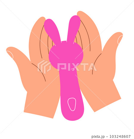 Woman holding a Silicone vibrator wand in hands, pink rubber sex toy, adult toy, isolated vector illustration on white background 103248607