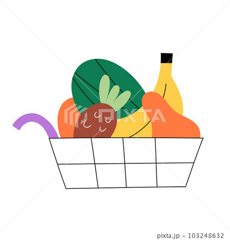 Shopping cart full of fruits, pear, banana and watermelon placed into grocery basket. Vector illustration 103248632