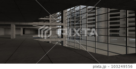 Abstract architectural minimalistic background. Contemporary showroom. Modern concrete exhibition tunnel. Empty gallery. Backlight. 3D illustration and rendering. 103249556
