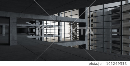 Abstract architectural minimalistic background. Contemporary showroom. Modern concrete exhibition tunnel. Empty gallery. Backlight. 3D illustration and rendering. 103249558