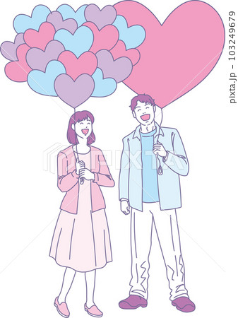 ハートの風船を持った笑顔の人たち_2色風_男女_全身 ハートの風船を持った笑顔の人たち_2色風_男女_全身 103249679