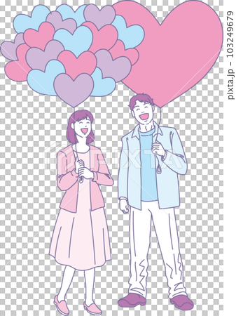 ハートの風船を持った笑顔の人たち_2色風_男女_全身 ハートの風船を持った笑顔の人たち_2色風_男女_全身 103249679