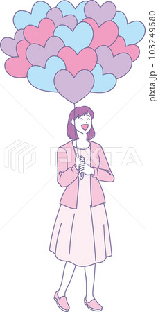 ハートの風船を持った笑顔の人たち_2色風_女性_全身 ハートの風船を持った笑顔の人たち_2色風_女性_全身 103249680