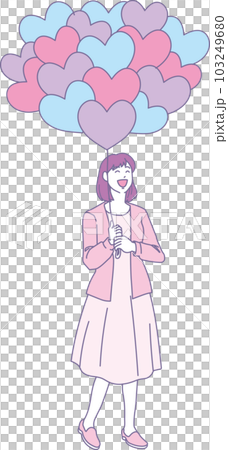 ハートの風船を持った笑顔の人たち_2色風_女性_全身 ハートの風船を持った笑顔の人たち_2色風_女性_全身 103249680