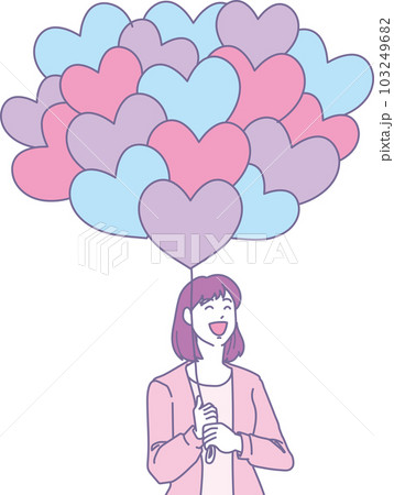 ハートの風船を持った笑顔の人たち_2色風_女性_上半身 ハートの風船を持った笑顔の人たち_2色風_女性_上半身 103249682