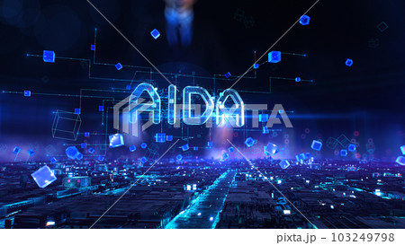 AIDA - businessman working with virtual reality at office. AIDA - businessman working with virtual reality at office. 103249798