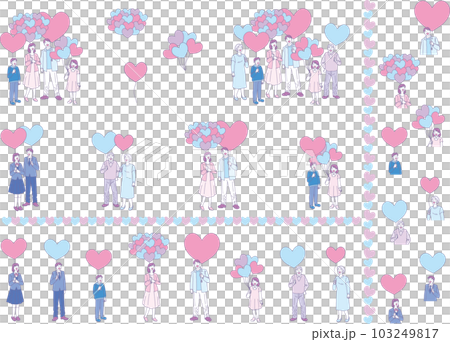ハートの風船を持った笑顔の人たち_2色風_セット 103249817