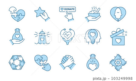Mental health icons, such as donation, charuty, empathy, volunteer and more. Vector illustration isolated on white. Editable stroke. Change to any size and any colour. 103249998