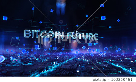 Bitcoin Future - businessman working with virtual reality at office. Bitcoin Future - businessman working with virtual reality at office. 103250461