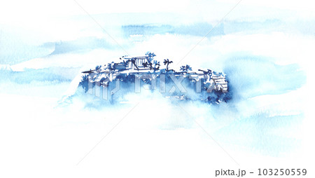 水墨画風の竹田城跡と雲海の風景イラスト 103250559