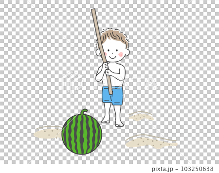 スイカ割りをする、男の子のイラスト スイカ割りをする、男の子のイラスト 103250638