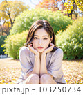 AI生成美女・公園でしゃがんで見つめる女性 103250734
