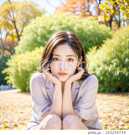 AI生成美女・公園でしゃがんで見つめる女性 AI生成美女・公園でしゃがんで見つめる女性 103250734