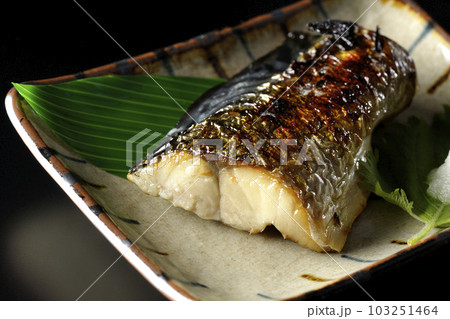 しっかりと焼かれている鯖の塩焼きを黒背景で撮影 しっかりと焼かれている鯖の塩焼きを黒背景で撮影 103251464