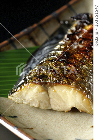しっかりと焼かれている鯖の塩焼きを黒背景で撮影 しっかりと焼かれている鯖の塩焼きを黒背景で撮影 103251547
