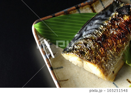しっかりと焼かれている鯖の塩焼きを黒背景で撮影 103251548