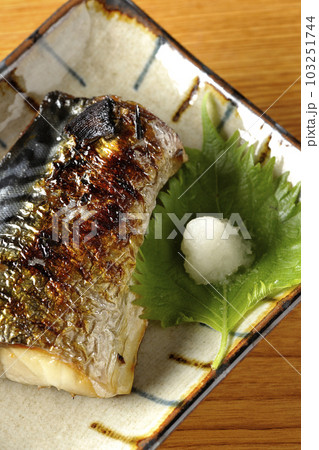しっかりと焼かれている鯖の塩焼きを俯瞰で撮影 しっかりと焼かれている鯖の塩焼きを俯瞰で撮影 103251744