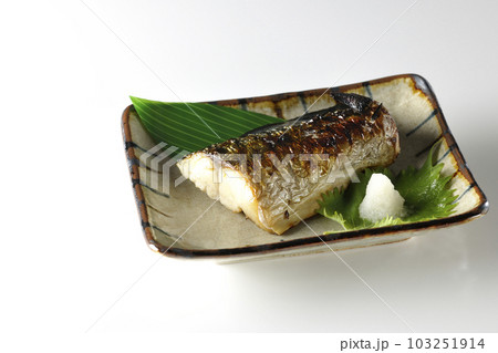しっかりと焼かれている鯖の塩焼きを白背景で撮影 しっかりと焼かれている鯖の塩焼きを白背景で撮影 103251914